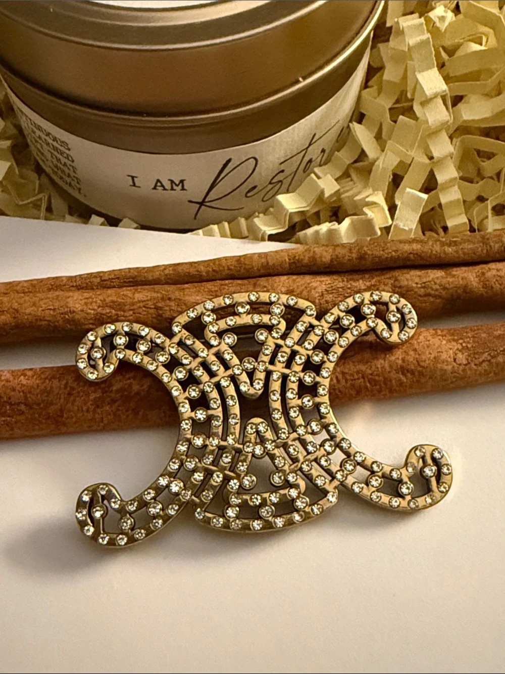 Fashion Jewelry Gold Crystal Double-Scroll Brooch